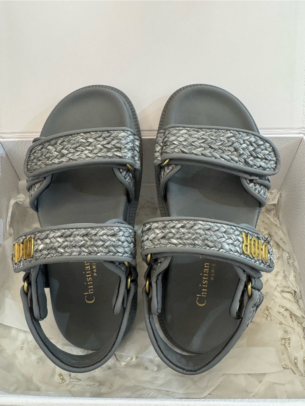 Dioract Raffia and Leather Gray Strap Sandals with Gold Logo